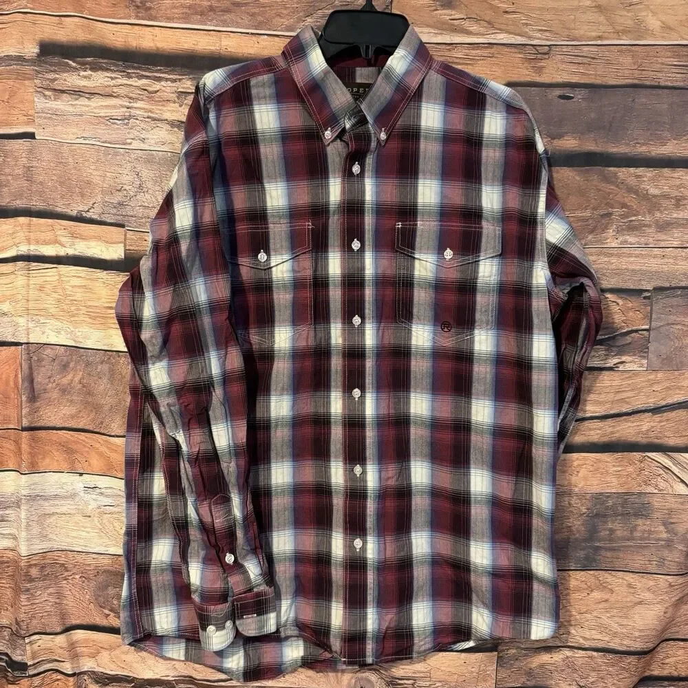 Roper Western Shirt Mens L Plaid Button Down Burgundy Maroon Cotton Long Sleeve